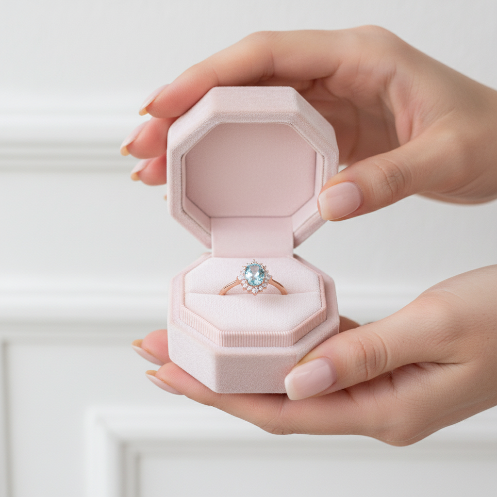 18k Rose Gold Sky Blue Topaz Engagement Ring-Black Diamonds New York