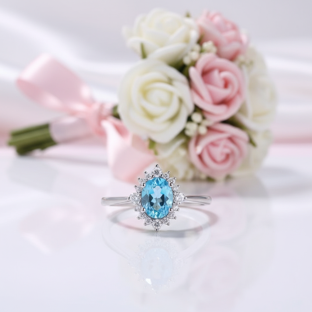 18k Rose Gold Sky Blue Topaz Engagement Ring-Black Diamonds New York