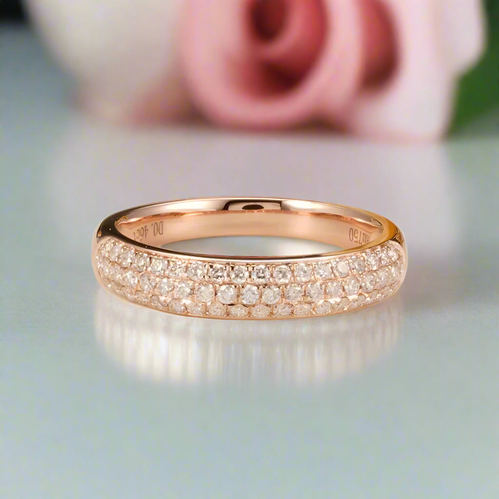 18k Rose Gold Three Row Inlaid Diamond Half Eternity Wedding Band-Black Diamonds New York