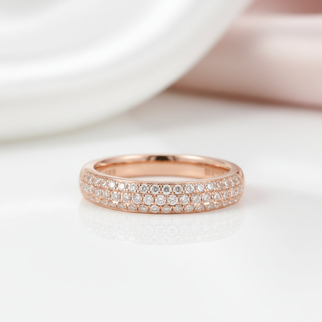 18k Rose Gold Three Row Inlaid Diamond Option Half Eternity Wedding Band-Black Diamonds New York