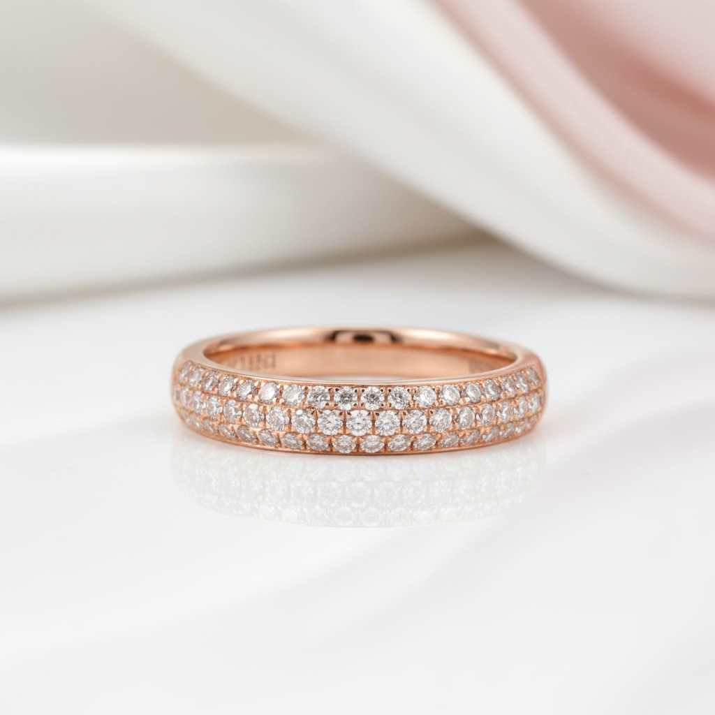 18k Rose Gold Three Row Inlaid Diamond Option Half Eternity Wedding Band-Black Diamonds New York