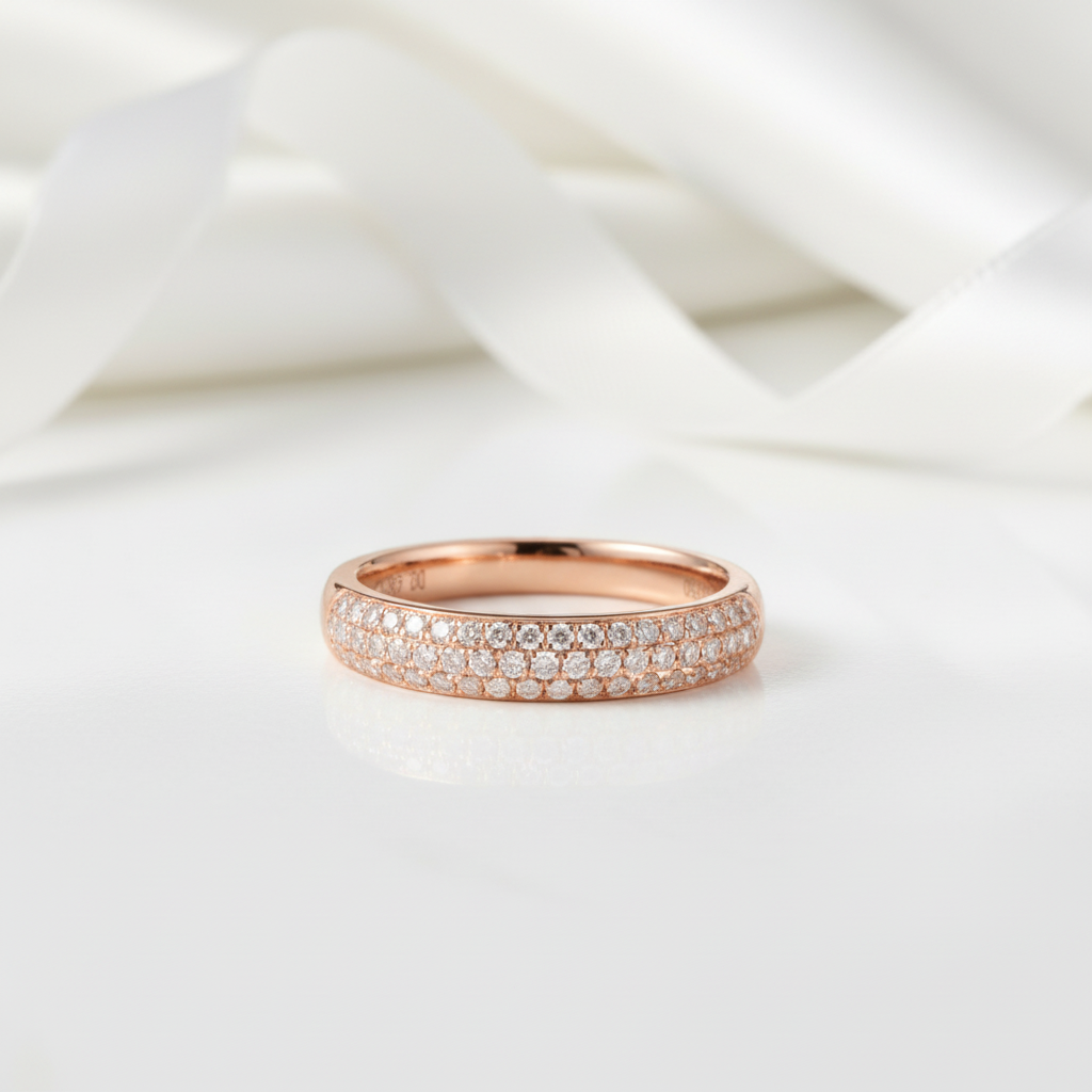 18k Rose Gold Three Row Inlaid Diamond Option Half Eternity Wedding Band-Black Diamonds New York