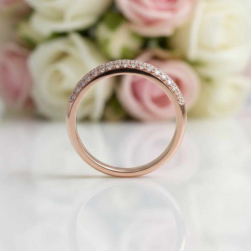 18k Rose Gold Three Row Inlaid Diamond Option Half Eternity Wedding Band-Black Diamonds New York