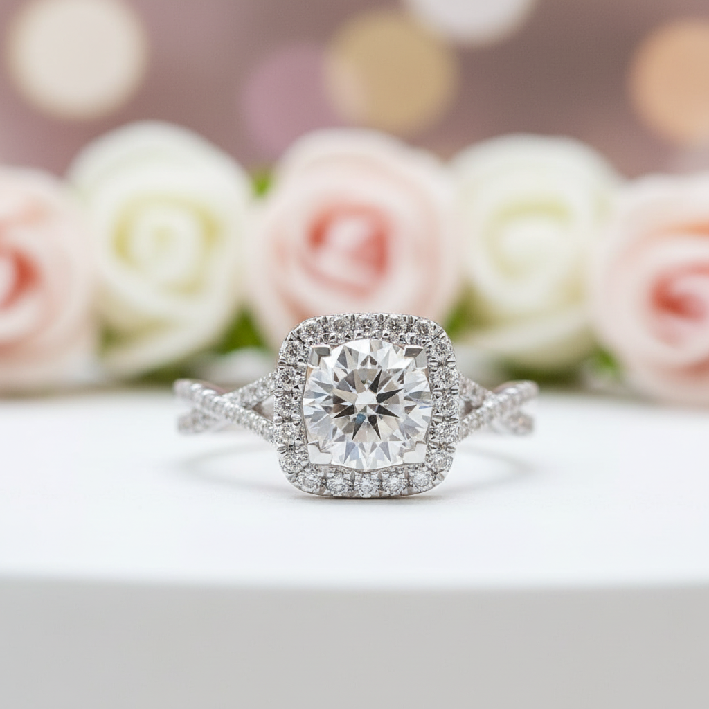 18k Round Cut Halo Diamond Infinity Engagement Ring-Black Diamonds New York