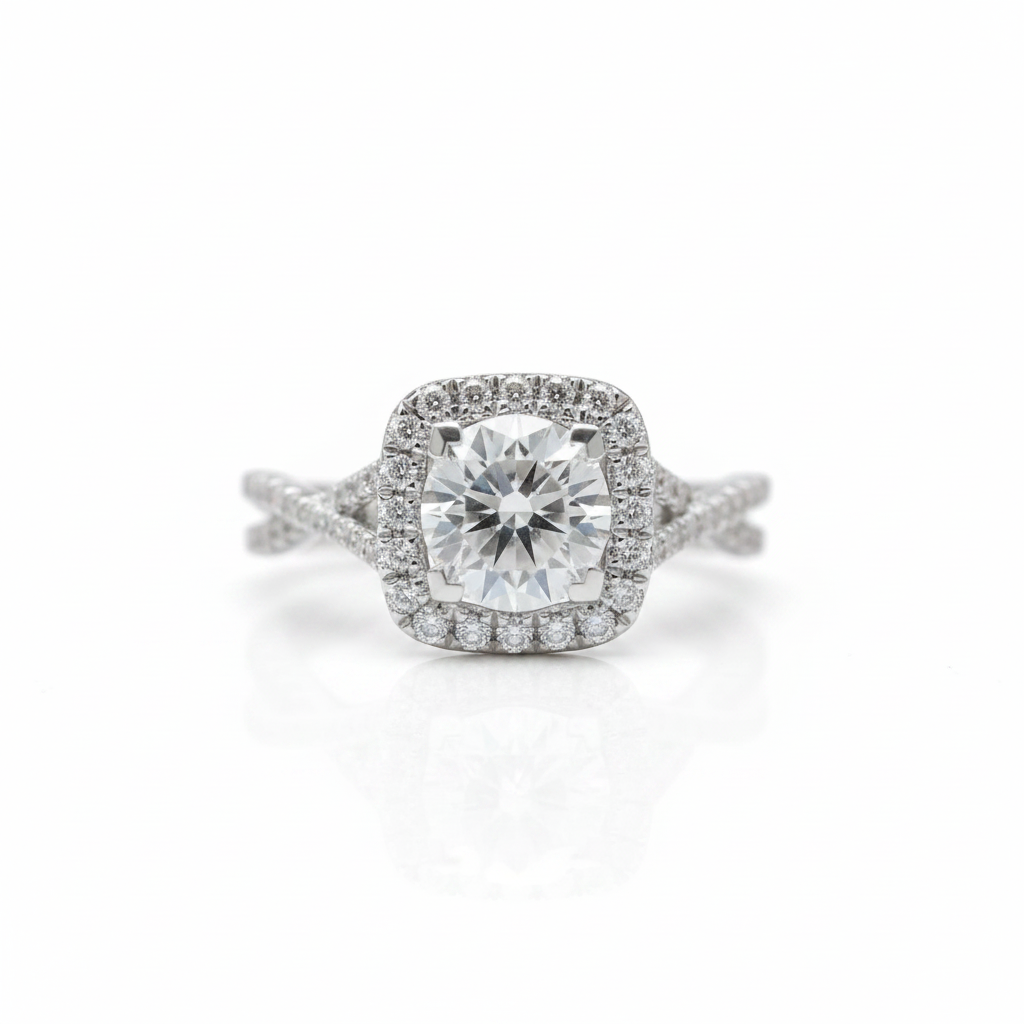 A silver-toned halo ring featuring a cushion-cut center diamond surrounded by a double halo of small round diamonds, set on a split shank band, photographed on a clean white background with a soft reflection below.