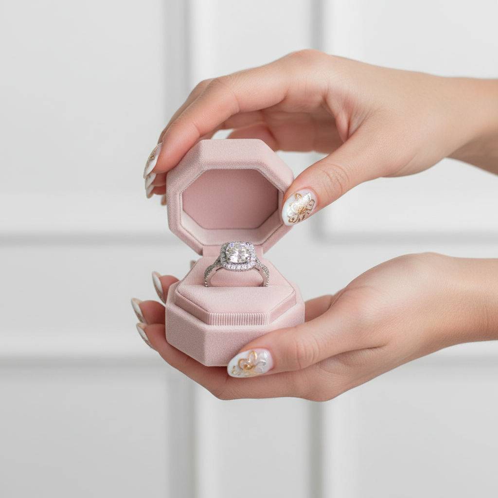 Diamond ring in a pink velvet box with flowers in the background