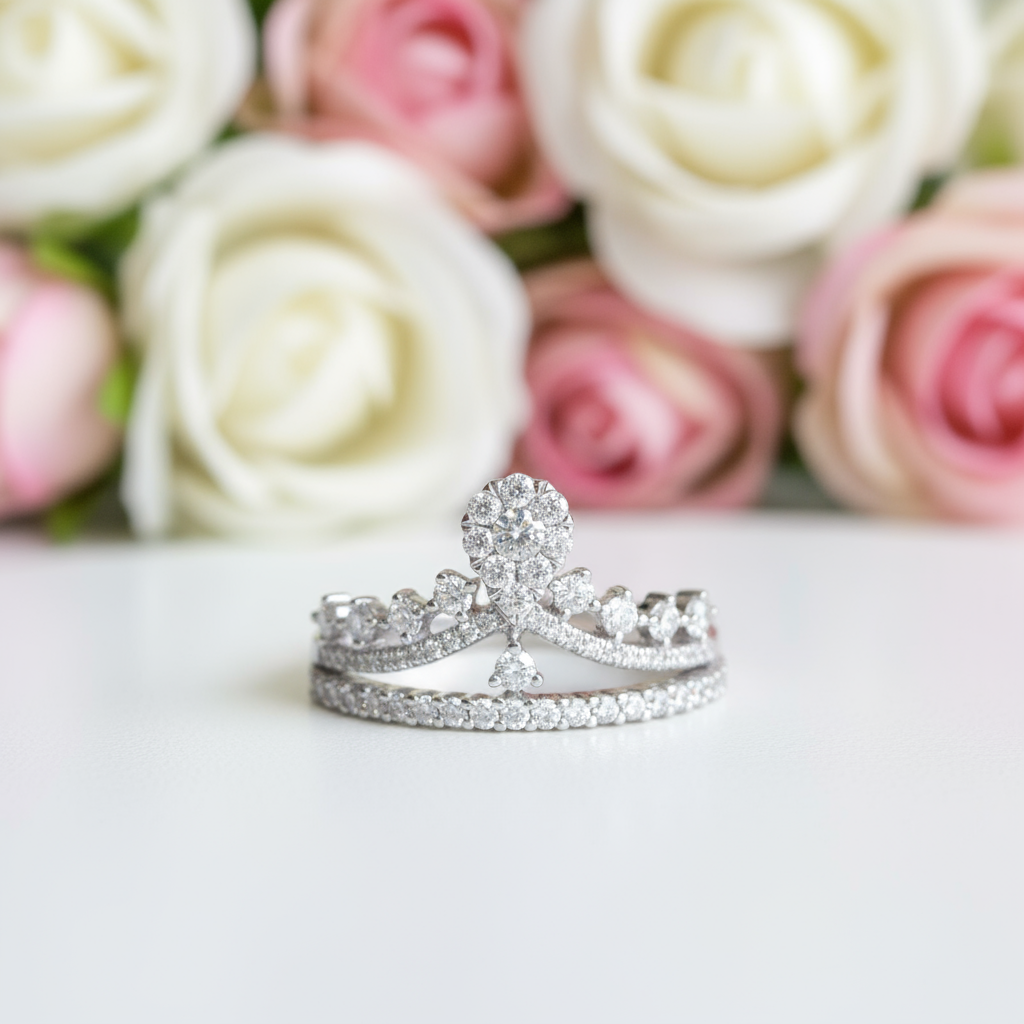 18k Round Cut Diamond Crown Design Engagement Ring-Black Diamonds New York