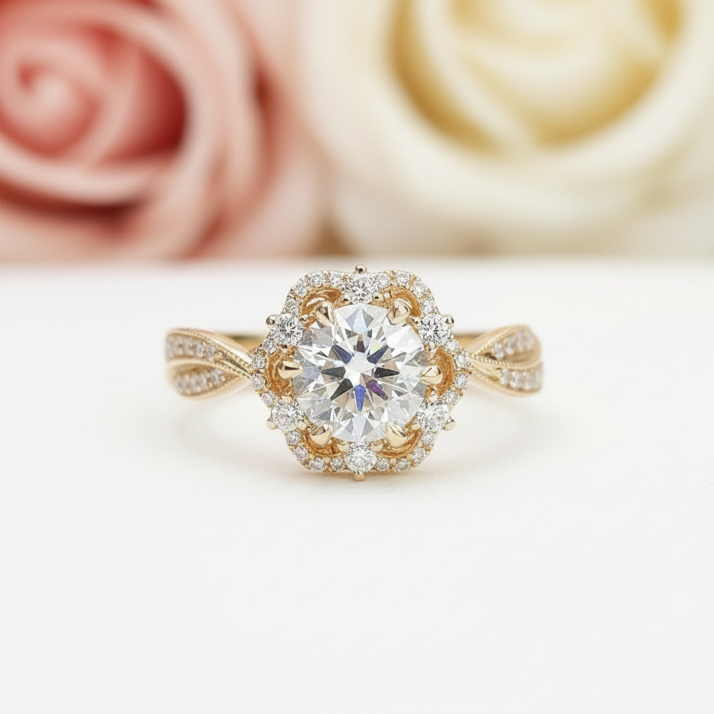 18k Round Cut Diamond Flower Art Deco Engagement Ring-Black Diamonds New York