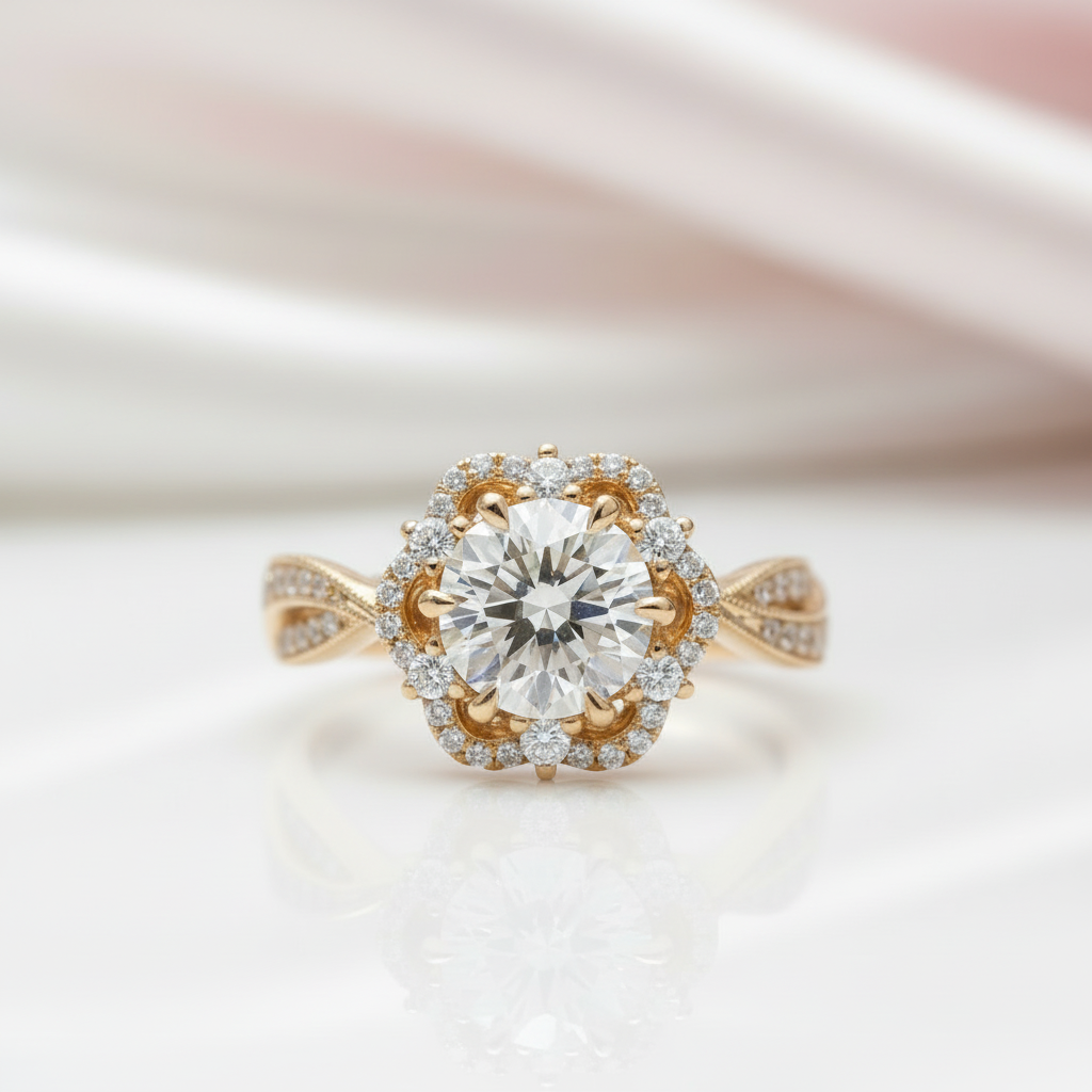 18k Round Cut Diamond Option Flower Art Deco Engagement Ring-Black Diamonds New York