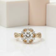 18k Round Cut Diamond Flower Art Deco Engagement Ring-Black Diamonds New York