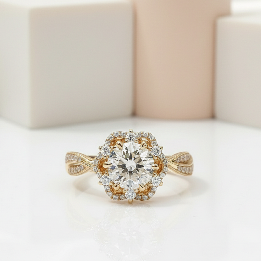 18k Round Cut Diamond Flower Art Deco Engagement Ring-Black Diamonds New York