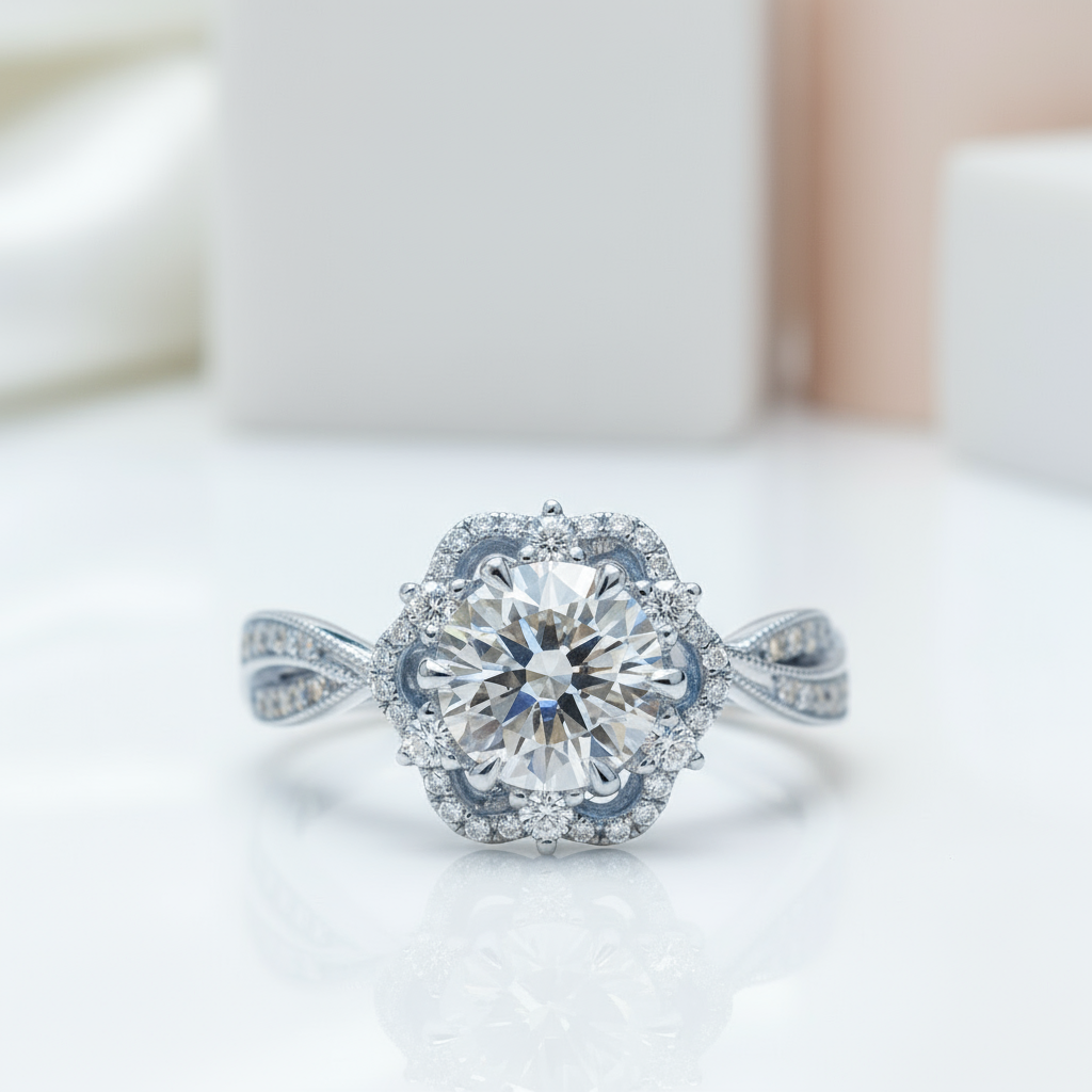 18k Round Cut Diamond Flower Art Deco Engagement Ring-Black Diamonds New York