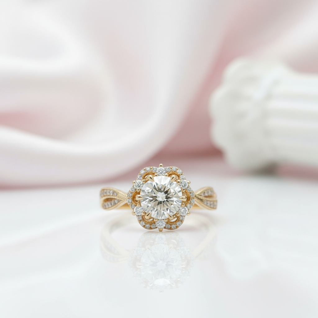 18k Round Cut Diamond Option Flower Art Deco Engagement Ring-Black Diamonds New York