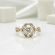 18k Round Cut Diamond Flower Art Deco Engagement Ring-Black Diamonds New York