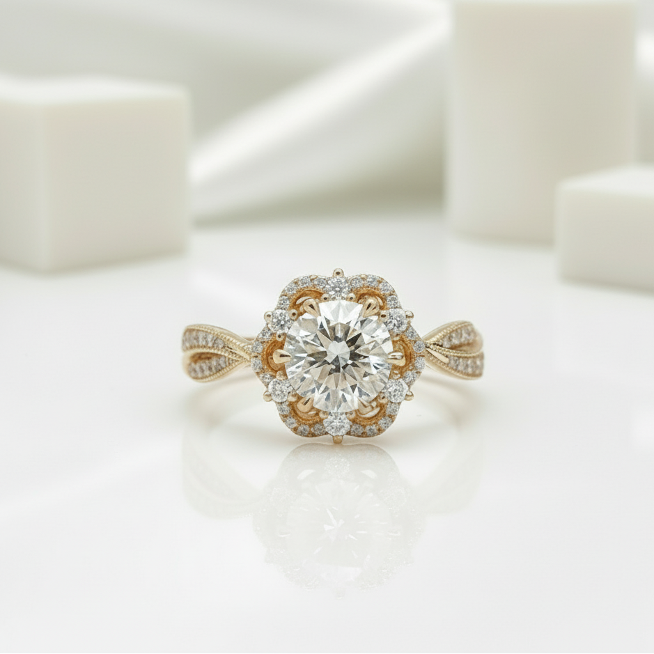 18k Round Cut Diamond Flower Art Deco Engagement Ring-Black Diamonds New York