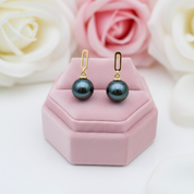 18k Solid Gold Tahitian Black Pearl Drop Earrings-Black Diamonds New York