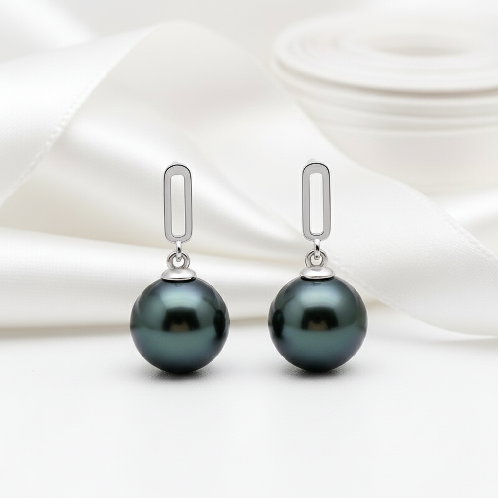 18k Solid Gold Tahitian Black Pearl Drop Earrings-Black Diamonds New York