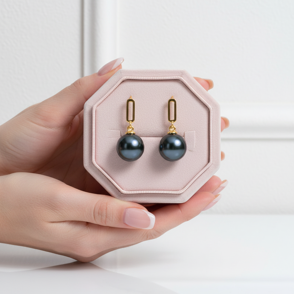 18k Solid Gold Tahitian Black Pearl Drop Earrings-Black Diamonds New York