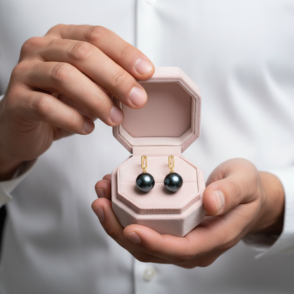 18k Solid Gold Tahitian Black Pearl Drop Earrings-Black Diamonds New York