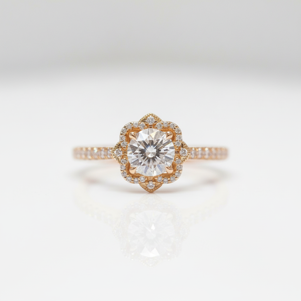 18k Vintage Art Deco Round Cut Diamond Option Halo Engagement Ring-Black Diamonds New York