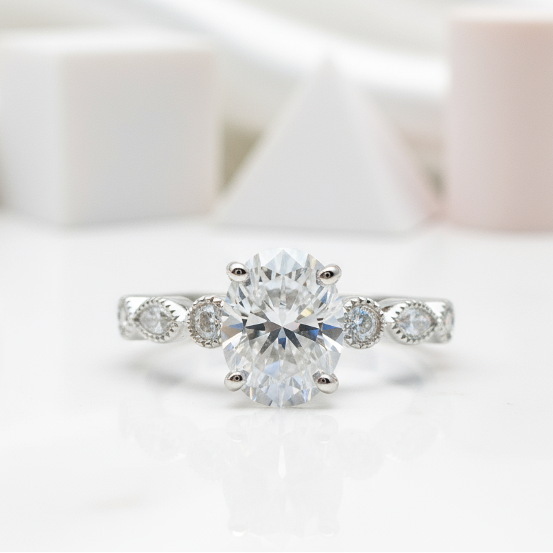 18k Vintage Oval Cut Diamond Solid Gold Engagement Ring-Black Diamonds New York