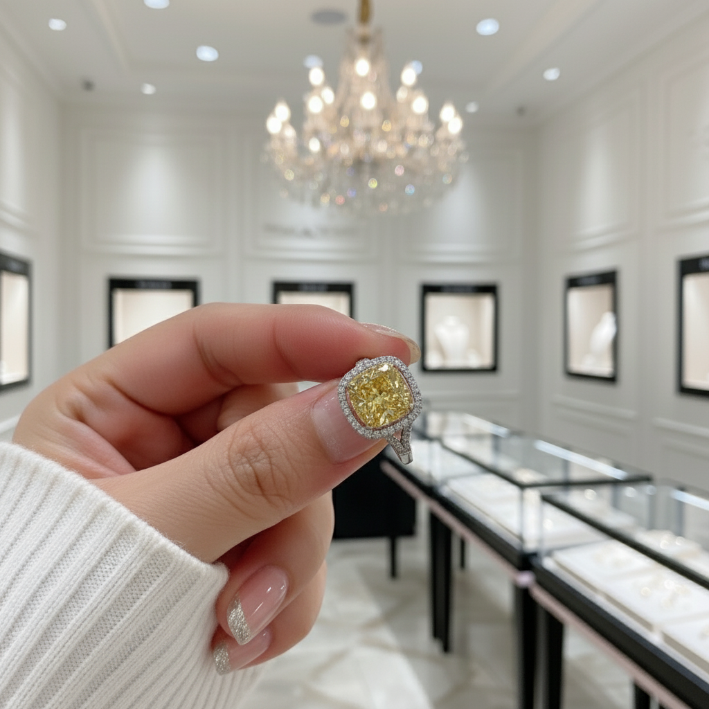 18k White Gold 1.0 Ct Yellow Cushion Cut Diamond Engagement Ring-Black Diamonds New York