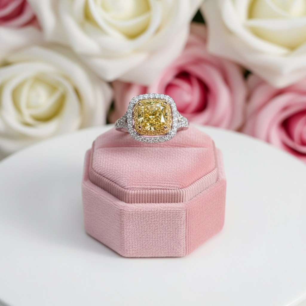 18k White Gold 1.0 Ct Yellow Cushion Cut Diamond Engagement Ring-Black Diamonds New York