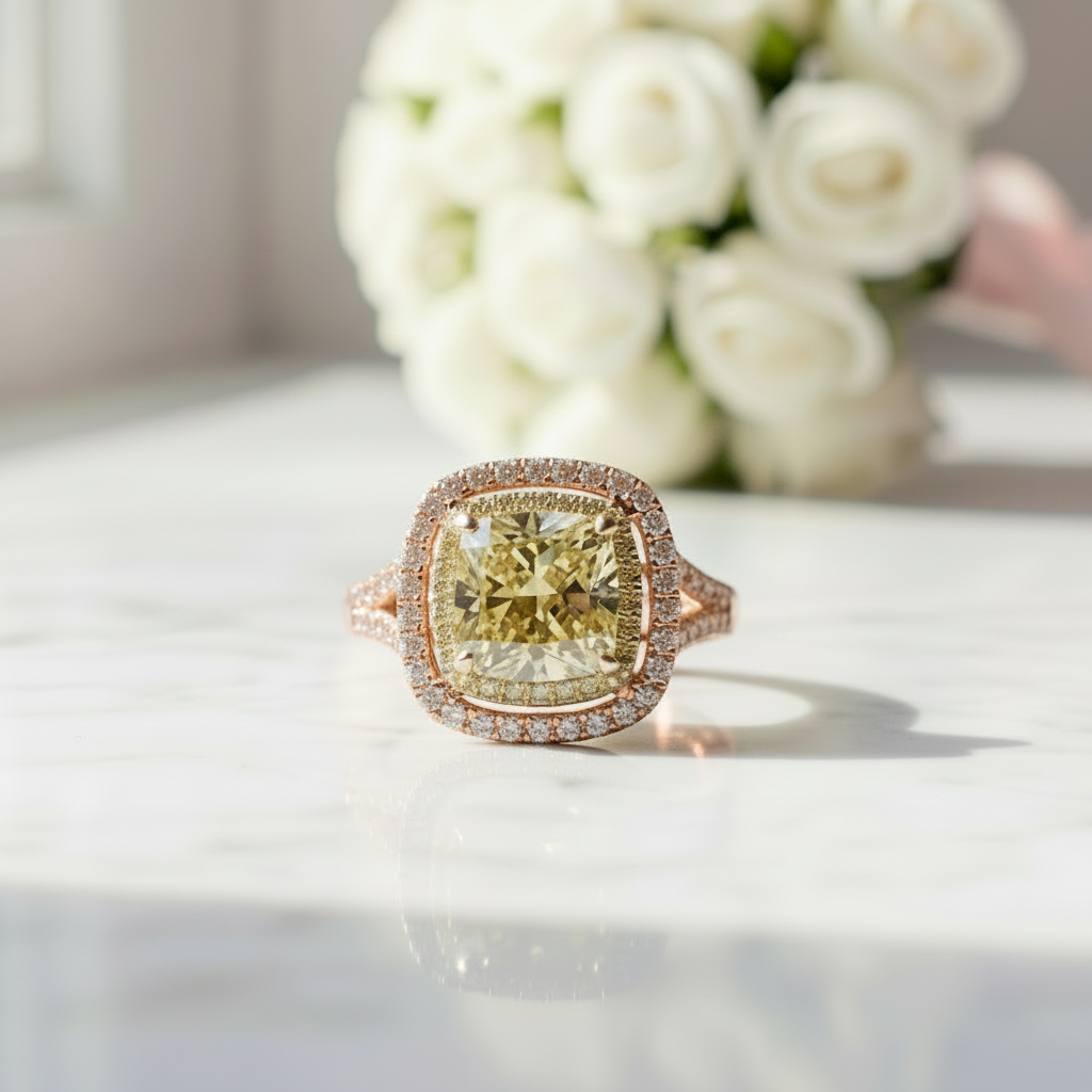 18k White Gold 1.0 Ct Yellow Cushion Cut Diamond Engagement Ring-Black Diamonds New York