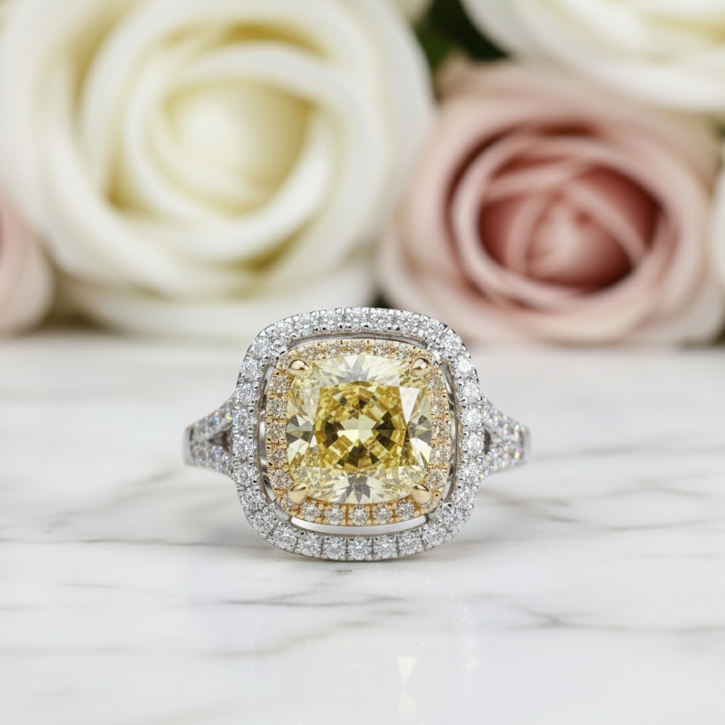 18k White Gold 1.0 Ct Yellow Cushion Cut Diamond Engagement Ring-Black Diamonds New York