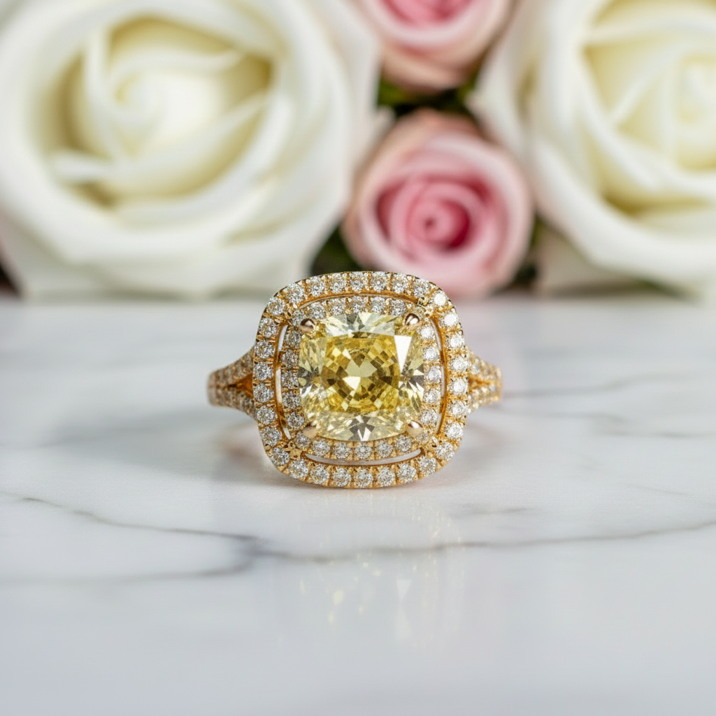 18k White Gold 1.0 Ct Yellow Cushion Cut Diamond Engagement Ring-Black Diamonds New York