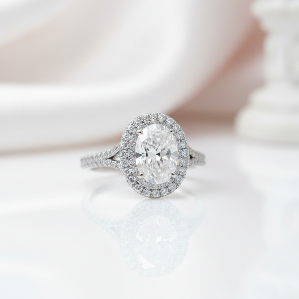 18k White Gold 1.5 Ct Oval Cut Diamond Option Halo Engagement Ring-Black Diamonds New York