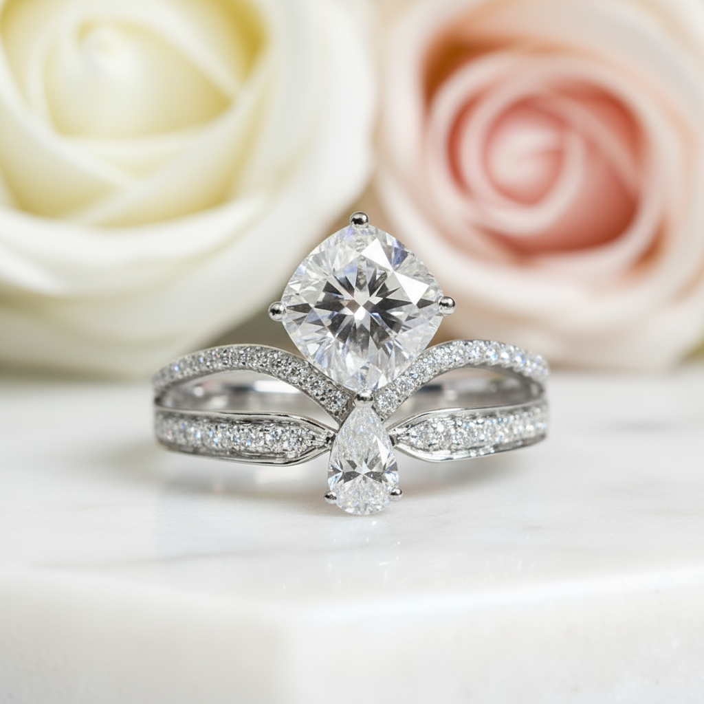 18K White Gold 1.5ct Cushion Cut Diamond Crown Engagement Ring-Black Diamonds New York