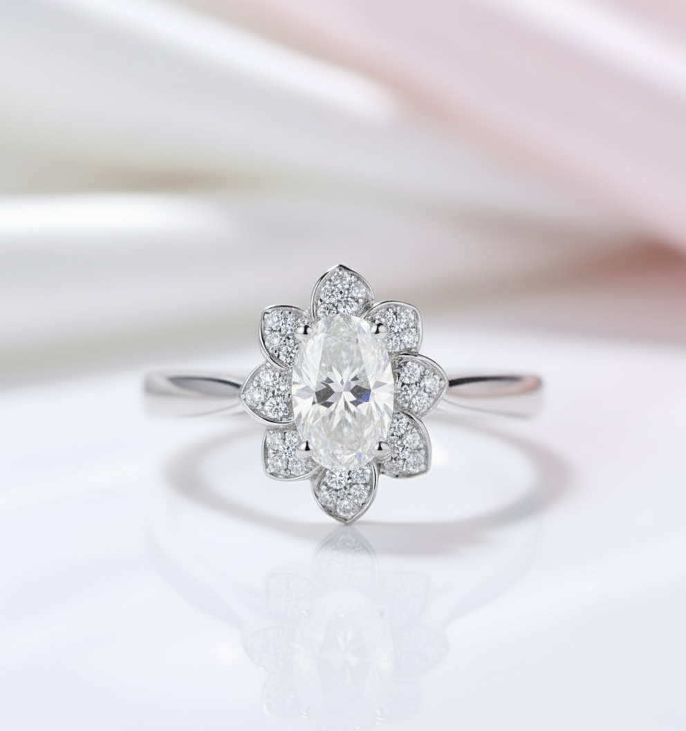 18k White Gold 1ct 5*7mm Oval Cut Diamond Option Lotus Shaped Engagement Ring-Black Diamonds New York