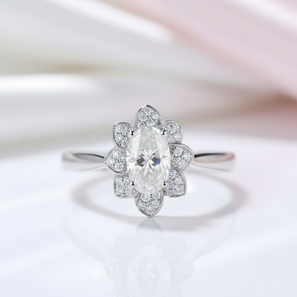 18k White Gold 1ct 5*7mm Oval Cut Diamond Lotus Shaped Engagement Ring-Black Diamonds New York