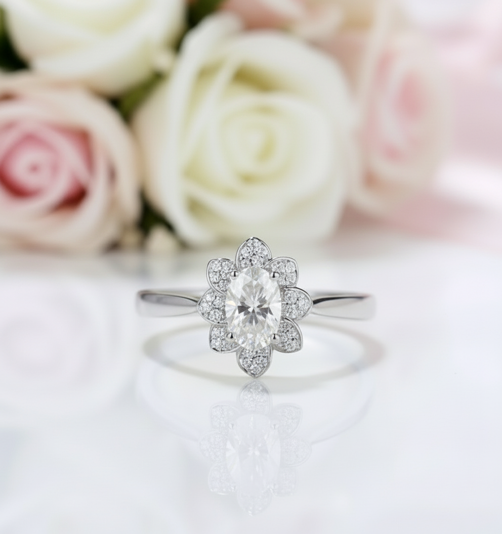 18k White Gold 1ct 5*7mm Oval Cut Diamond Lotus Shaped Engagement Ring-Black Diamonds New York