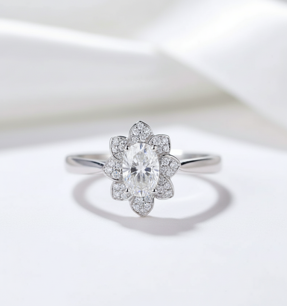 18k White Gold 1ct 5*7mm Oval Cut Diamond Lotus Shaped Engagement Ring-Black Diamonds New York