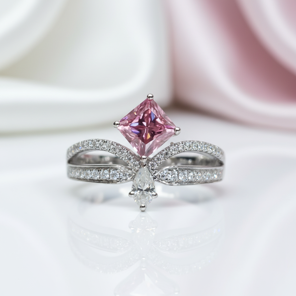 18K White Gold 1ct Princess Cut Pink Diamond Option Crown Engagement Ring-Black Diamonds New York