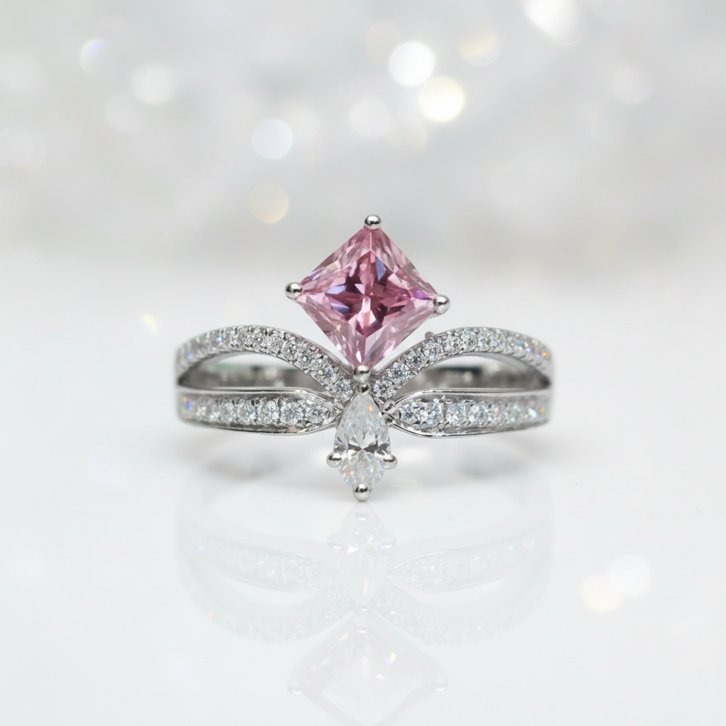 18K White Gold 1ct Princess Cut Pink Diamond Option Crown Engagement Ring-Black Diamonds New York