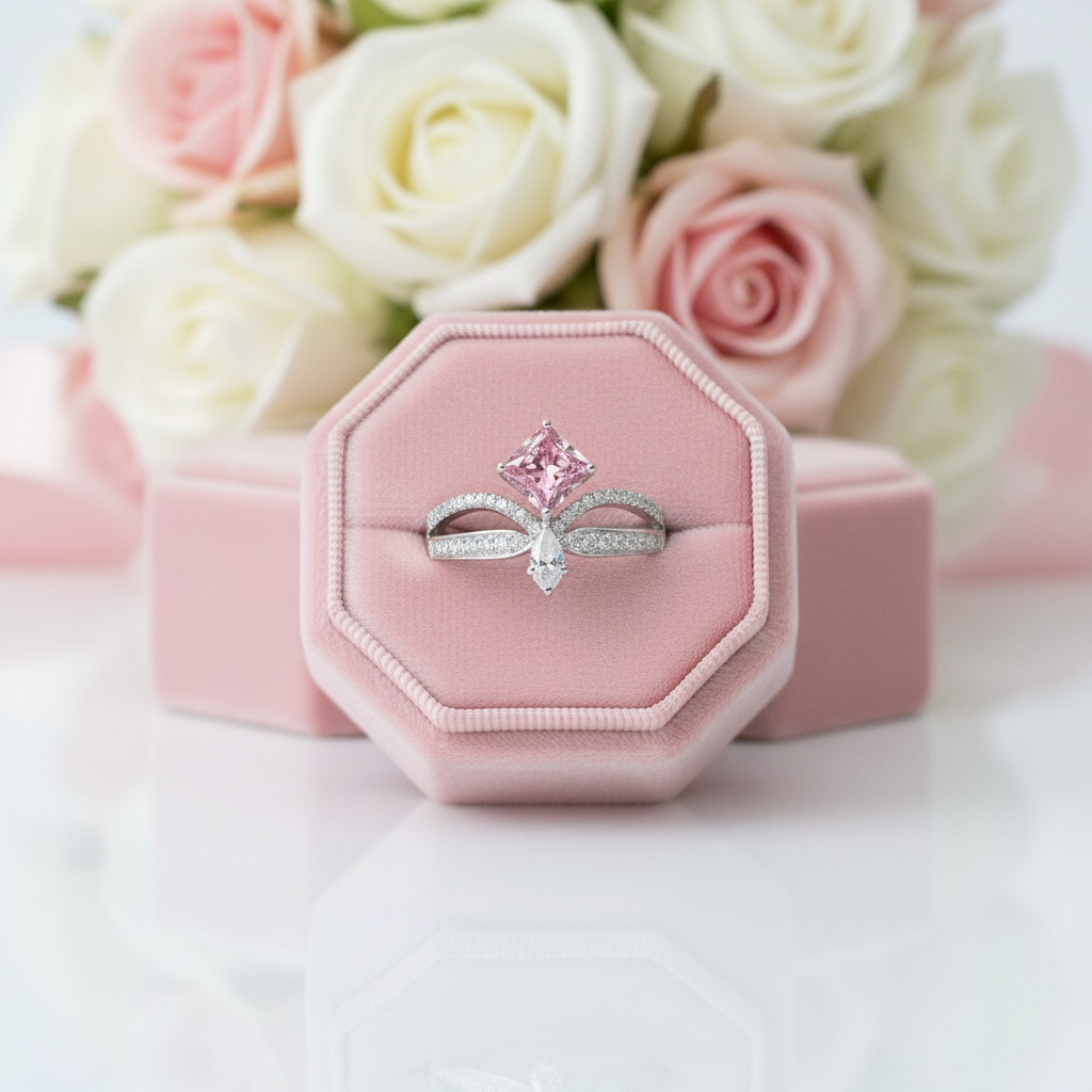 18K White Gold 1ct Princess Cut Pink Diamond Option Crown Engagement Ring-Black Diamonds New York