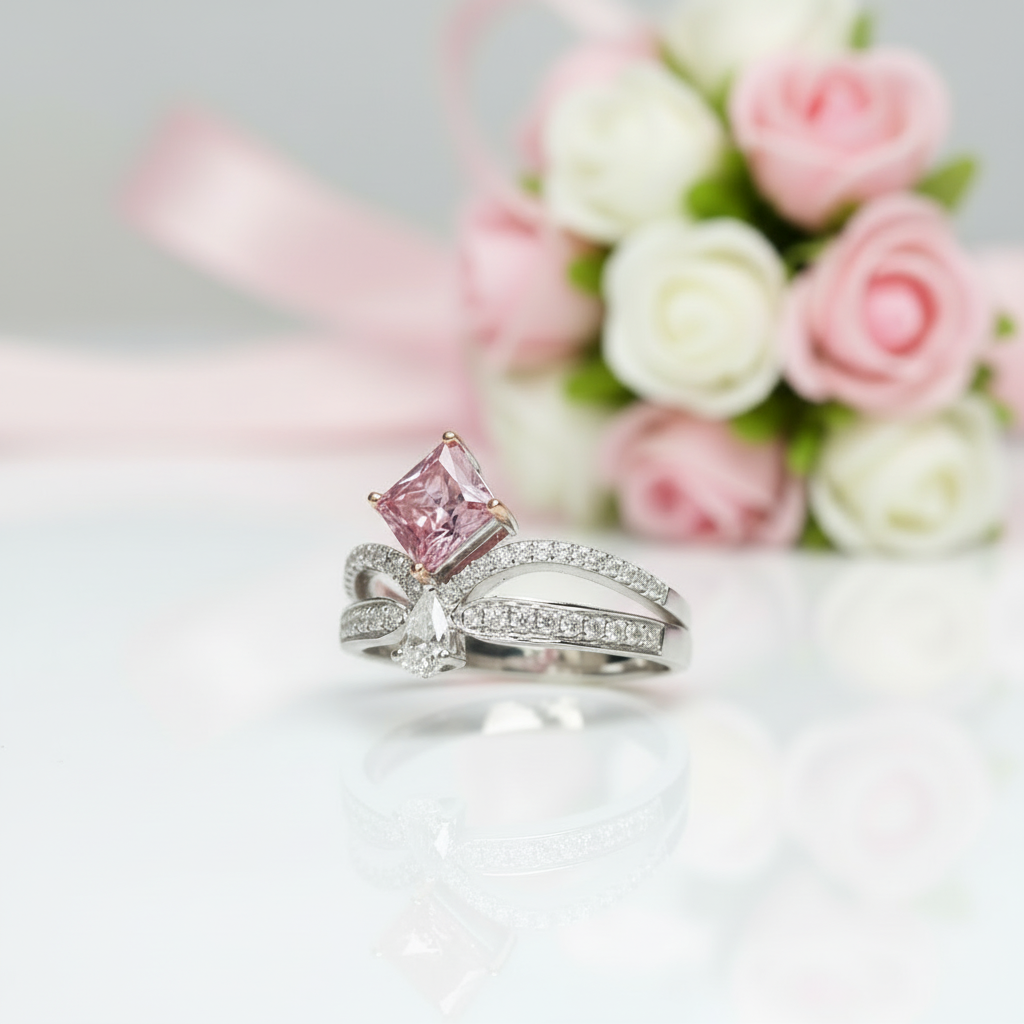 18K White Gold 1ct Princess Cut Pink Diamond Option Crown Engagement Ring-Black Diamonds New York