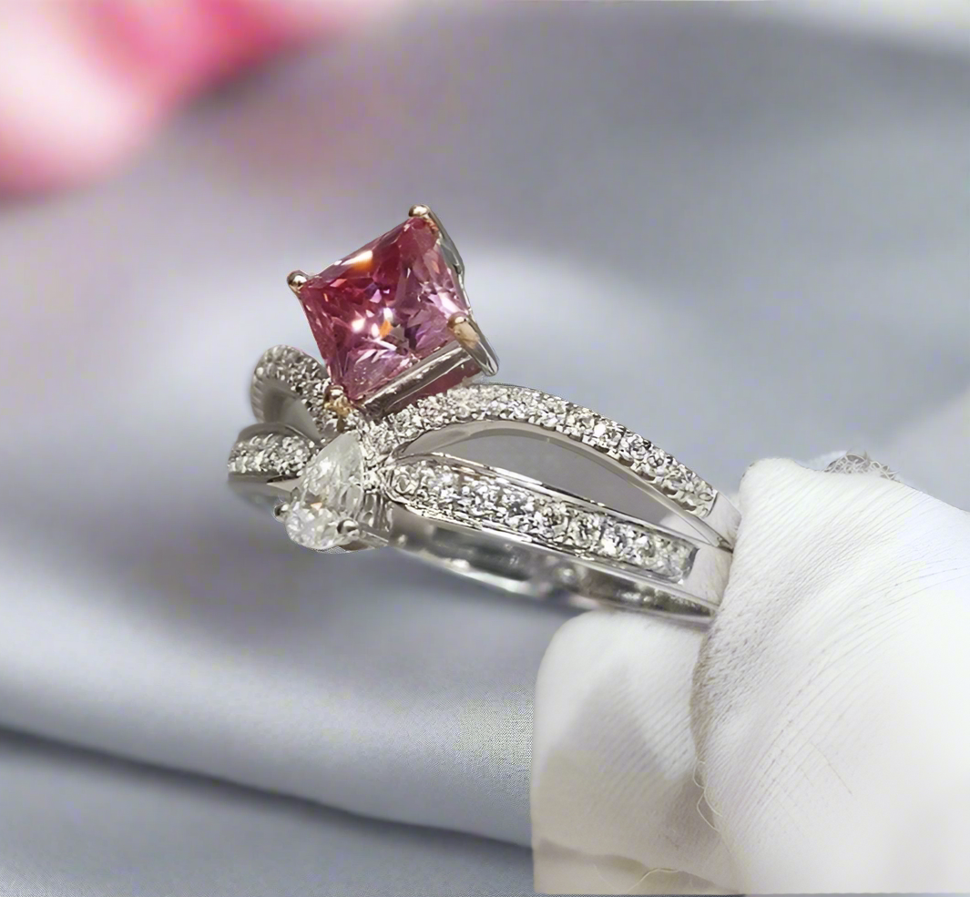 18K White Gold 1ct Princess Cut Pink Diamond Crown Engagement Ring-Black Diamonds New York