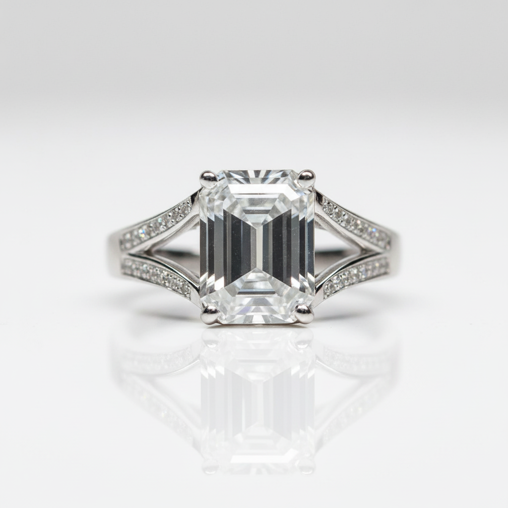 18K White Gold 2 Carat Emerald Cut Diamond Option Split Shank Engagement Ring-Black Diamonds New York