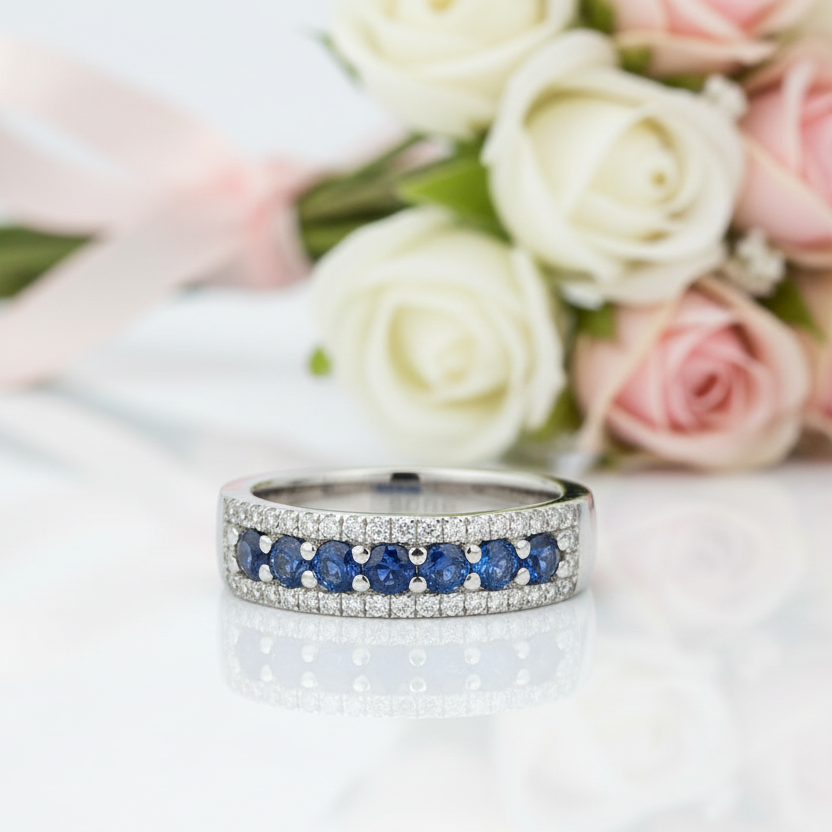 18k White Gold 2.0 Ctw Blue Round Cut Diamond Option Wedding Band-Black Diamonds New York