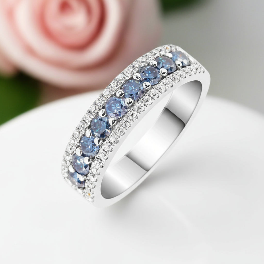 18k White Gold 2.0 Ctw Blue Round Cut Diamond Wedding Band-Black Diamonds New York