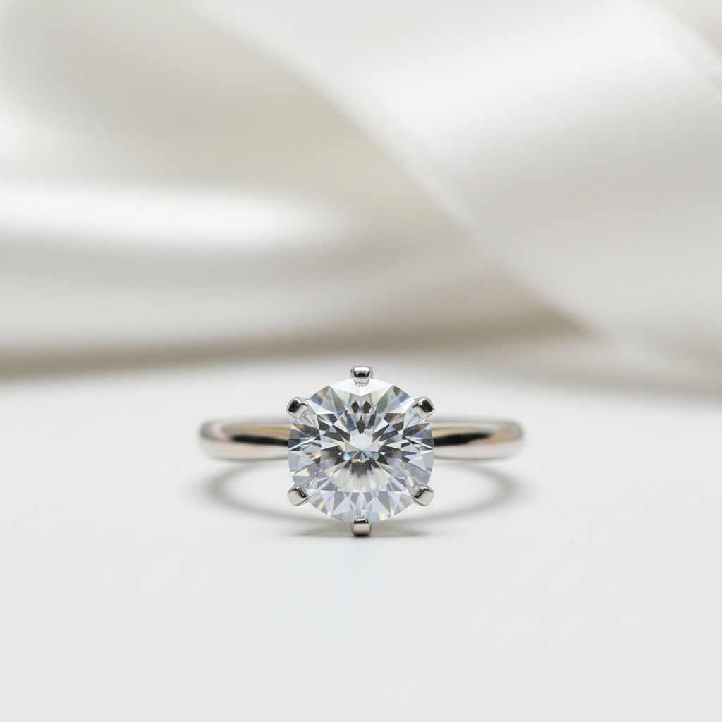 A classic solitaire engagement ring featuring a round brilliant-cut diamond set in a polished silver-colored band, resting on a soft white surface with a blurred satin background.