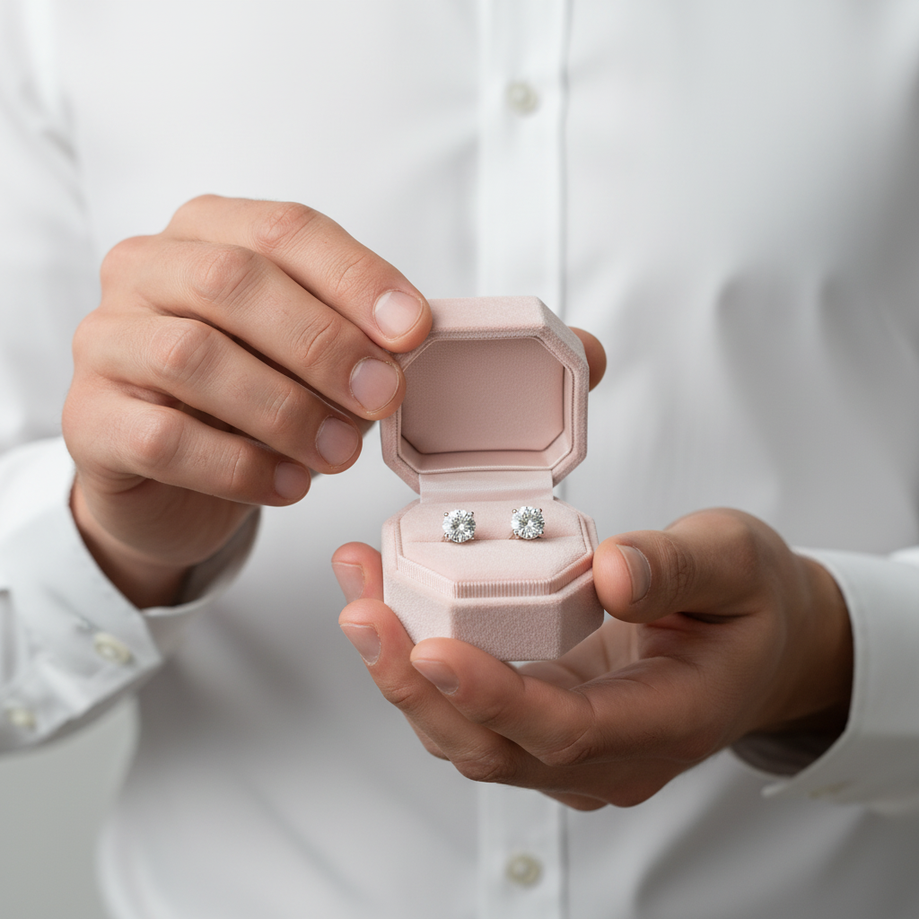 Person holding a pink jewelry box with diamond earrings inside, wearing a white shirt.