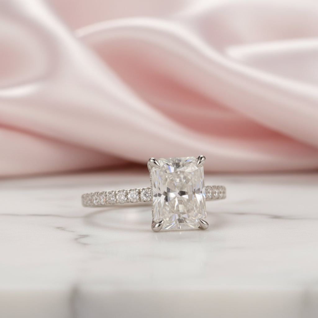 18k White Gold Radiant Cut 3.0 Ct Diamond Option Hidden Halo Engagement Ring-Black Diamonds New York