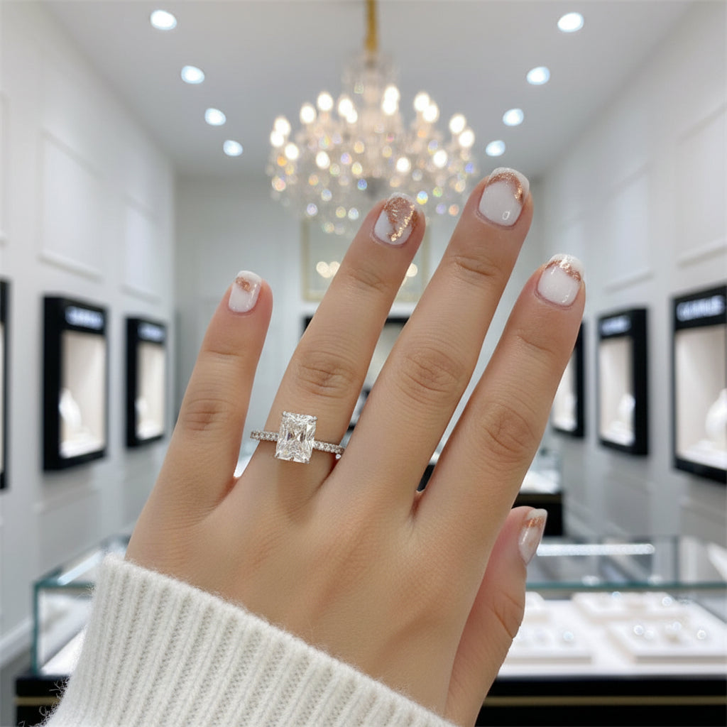 18k White Gold Radiant Cut 3.0 Ct Diamond Option Hidden Halo Engagement Ring-Black Diamonds New York