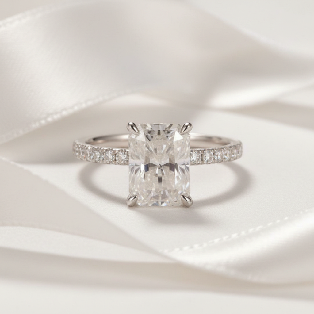 18k White Gold Radiant Cut 3.0 Ct Diamond Option Hidden Halo Engagement Ring-Black Diamonds New York