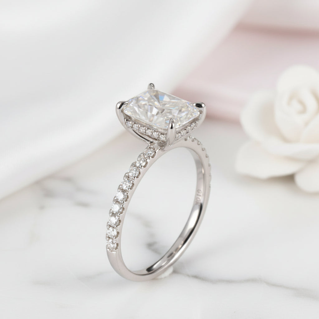 18k White Gold Radiant Cut 3.0 Ct Diamond Option Hidden Halo Engagement Ring-Black Diamonds New York